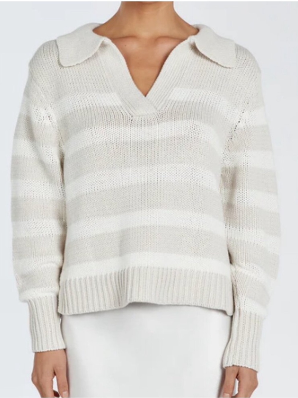 DISSH Colbie Knit Striped V-Neck Polo Collared Sweater Cream & Tan - EUC, Small